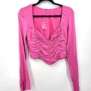 Free People Pink Ruched Long Sleeve Cropped Top | Retro Feminine Vibes | Size XS